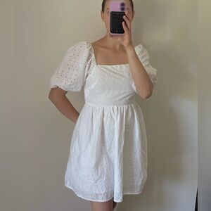 White Eyelet 100% Cotton Baby Doll Dress Puff Sleeve Women’s Size Small
